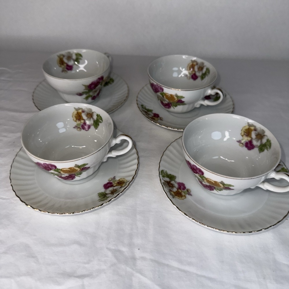 Made in Japan Tea Cup and Saucer Set Vintage Floral Gold Trim White 4 Sets